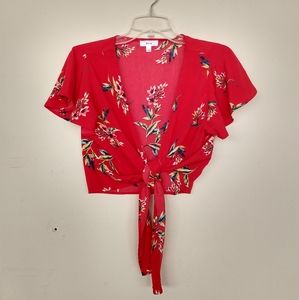 Tie front floral red cropped blouse